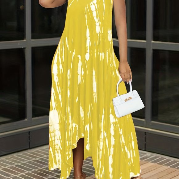 Passion Sunflower Loose Graffiti Tie - Dye V Neck Side Pocket Maxi Dress 4X-5X - Picture 4 of 10